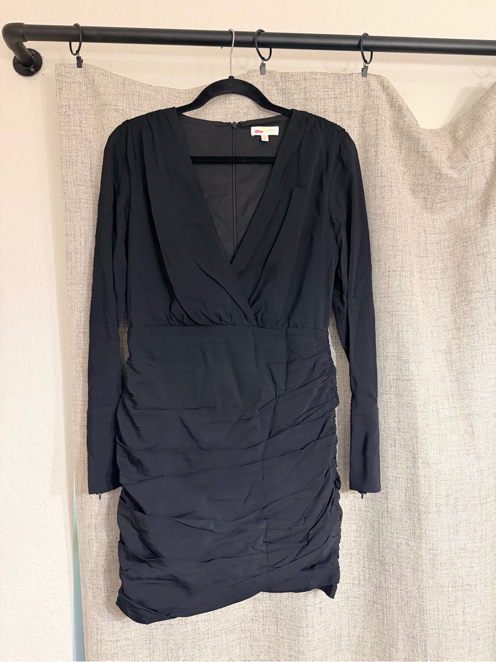 Ronny Kobo Collection Black Long-Sleeve V-Neck Ruched Dress